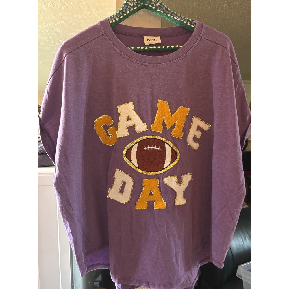 BIBI Womens Purple Game Day Football Sequin Graphic Tee Oversized Shirt
